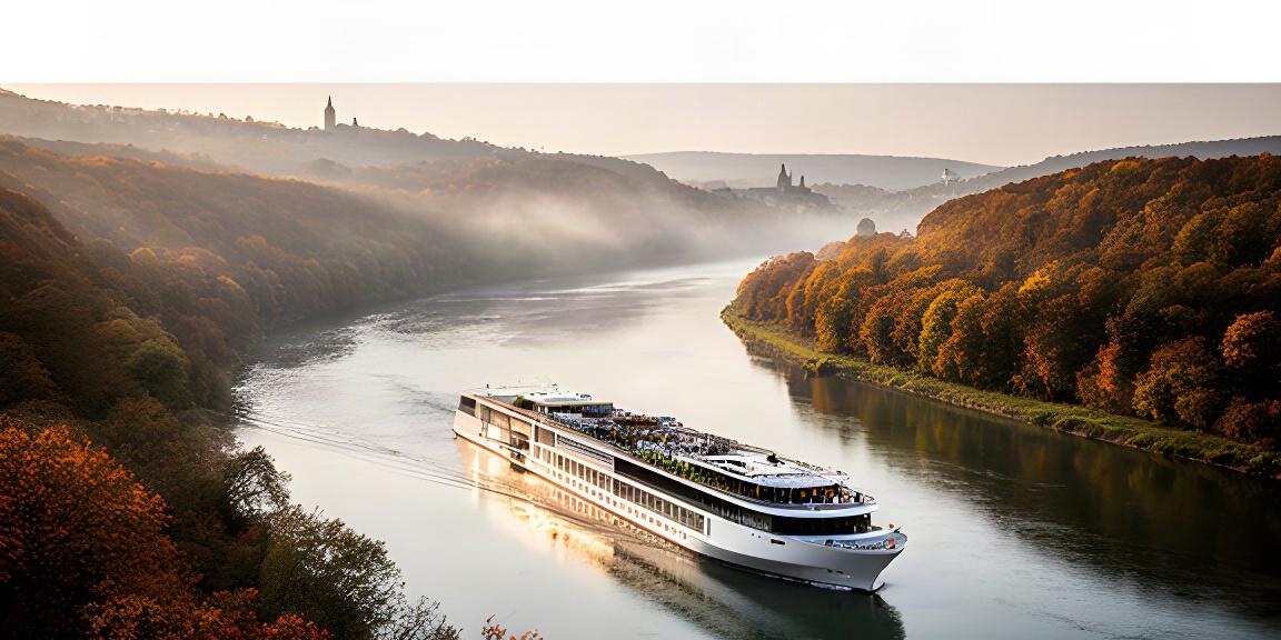 Modernes Flusskreuzfahrtschiff im Herbstlicht auf dem Rhein mit bewaldeten Ufern