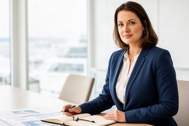 Beraterin in einem hellen Besprechungsraum mit Unterlagen zur Kreuzfahrtstrategie